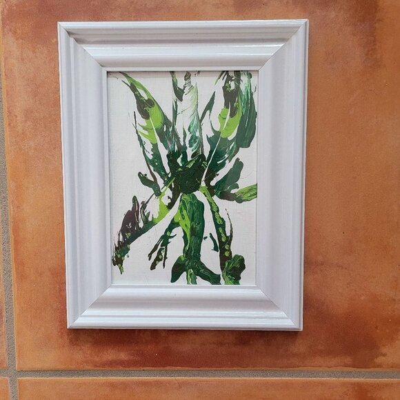 Hand Crafted Painting in Frame White with Green Leaves - New - Picture 1 of 2